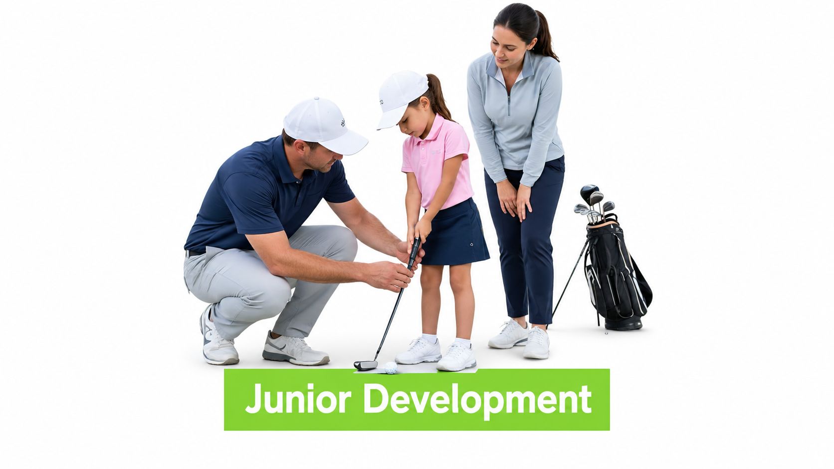 A professional golf instructor assists a young girl with her putting technique while her mother watches nearby.