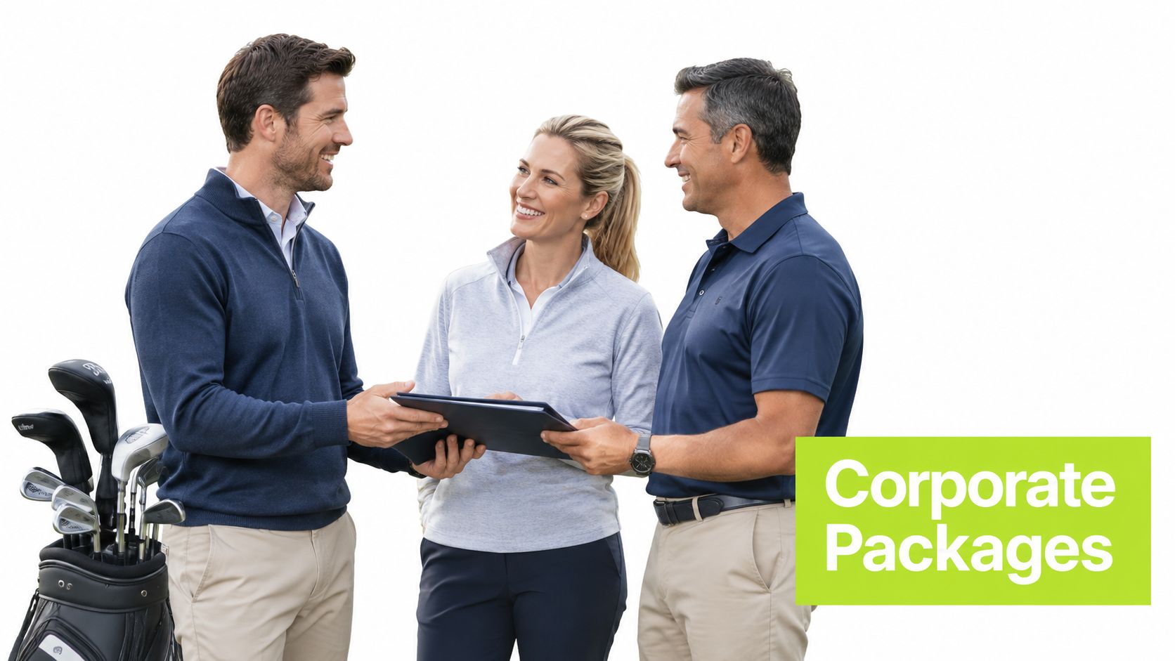A professional woman showing documents to two men wearing golf attire in an outdoor setting