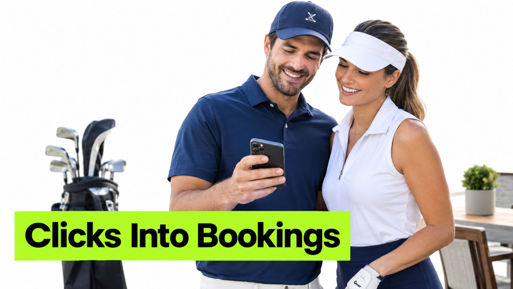 A smiling couple dressed in golf attire looking at a smartphone screen while standing outdoors.