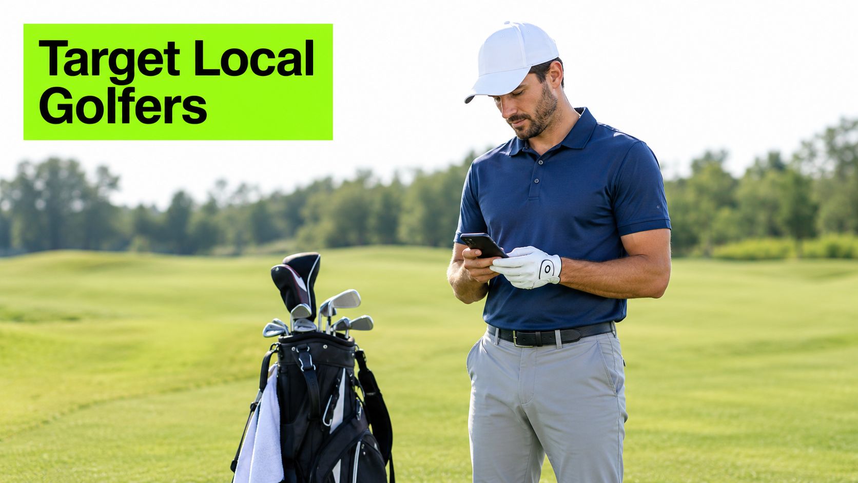 A male golfer in a white hat using his smartphone on a lush green golf course.