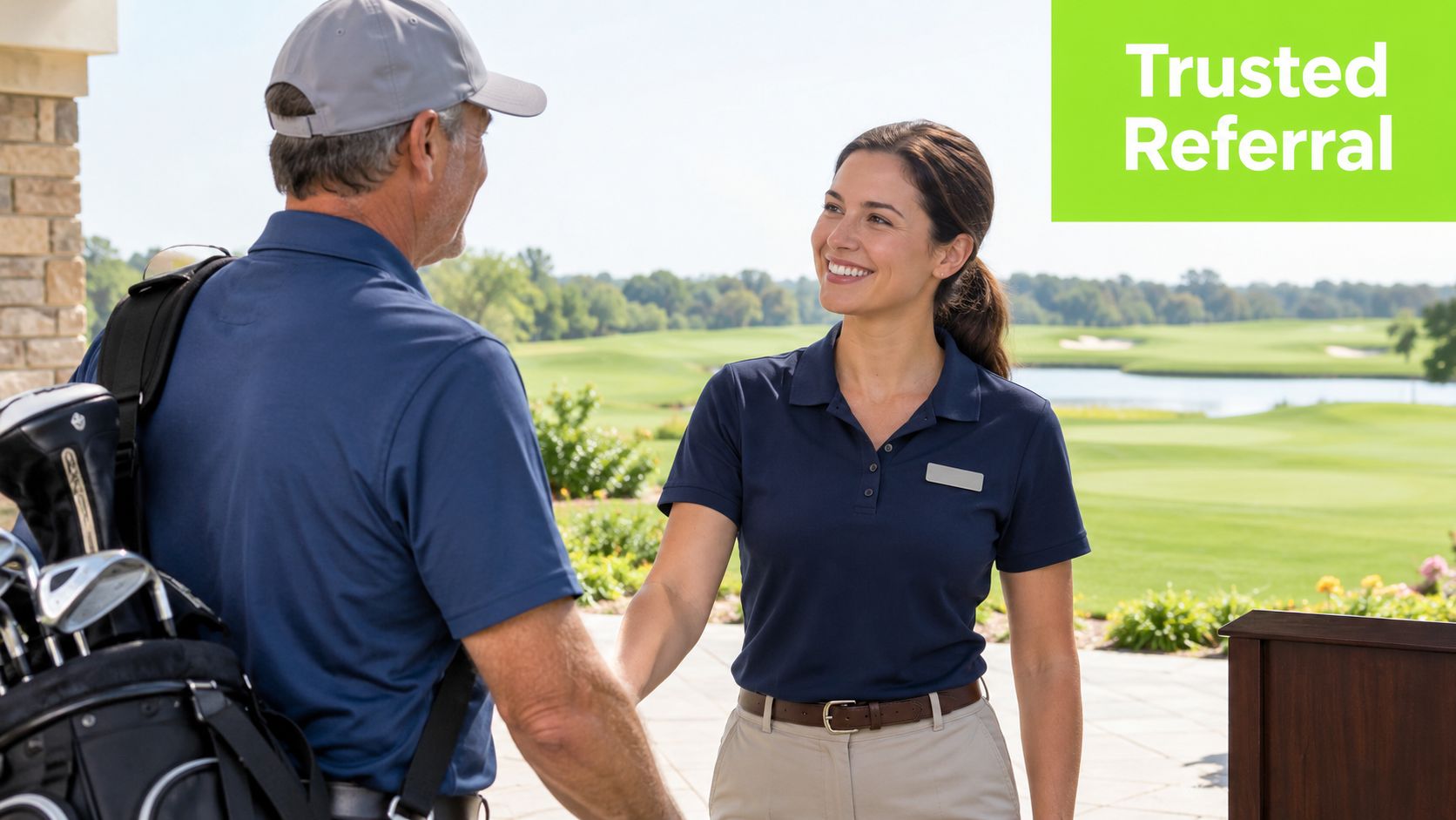 A professional woman in a golf club uniform shakes hands with a man carrying a golf bag.