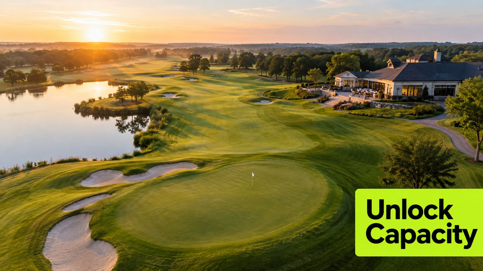 A beautiful sunset view over a lush green golf course with a clubhouse and tranquil lake.