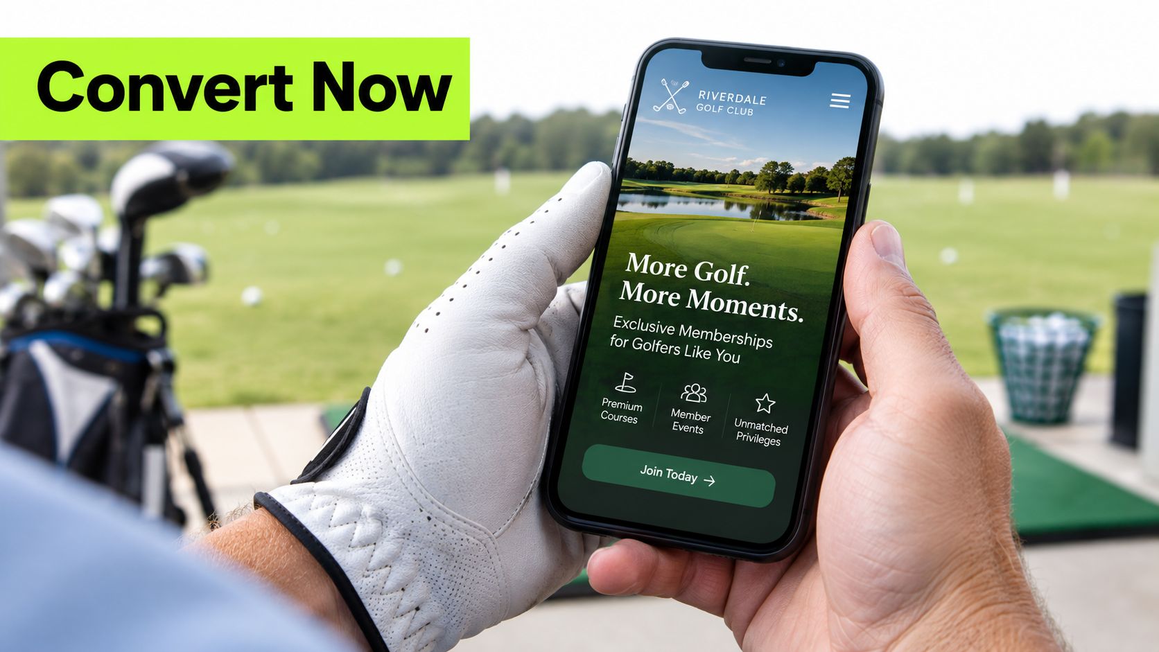 A golfer wearing a white glove holding a smartphone displaying an advertisement for Riverdale Golf Club memberships.