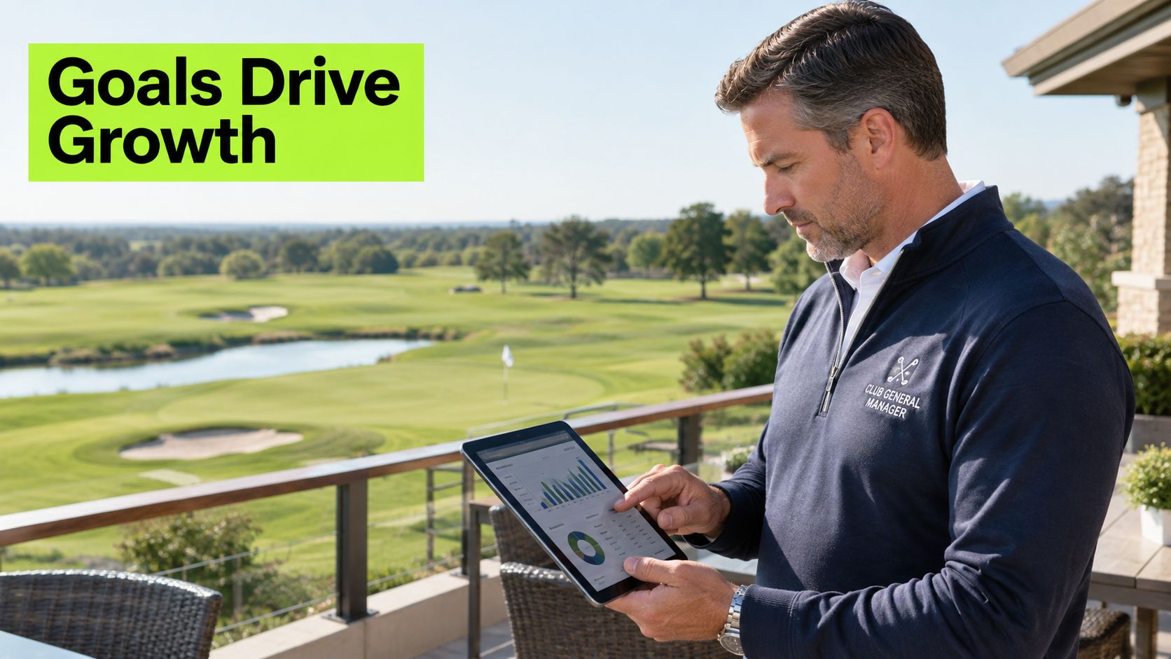 A club general manager reviewing business performance analytics on a tablet overlooking a professional golf course.