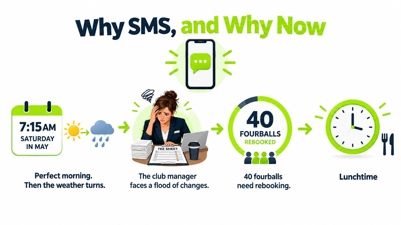 A diagram illustrating how SMS marketing helps a golf club manager rebook rounds during bad weather.