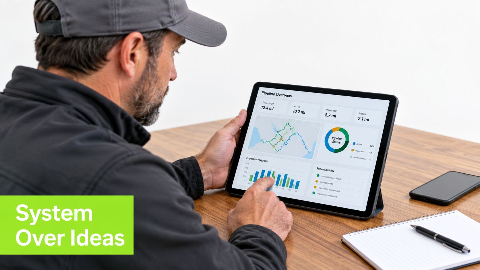 A professional analyzing a digital pipeline overview dashboard on a tablet at a wooden desk.