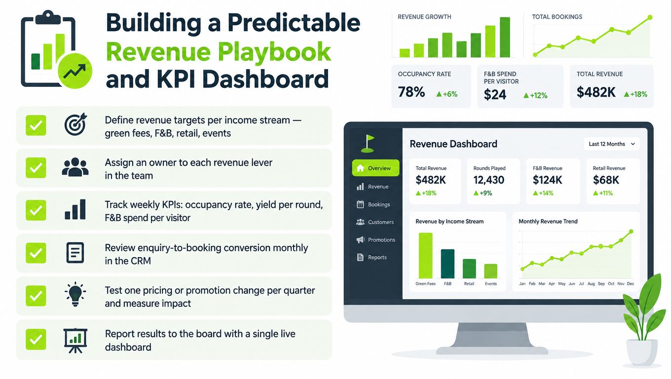 A business dashboard showing strategies and KPIs for building a predictable revenue playbook for a golf course.