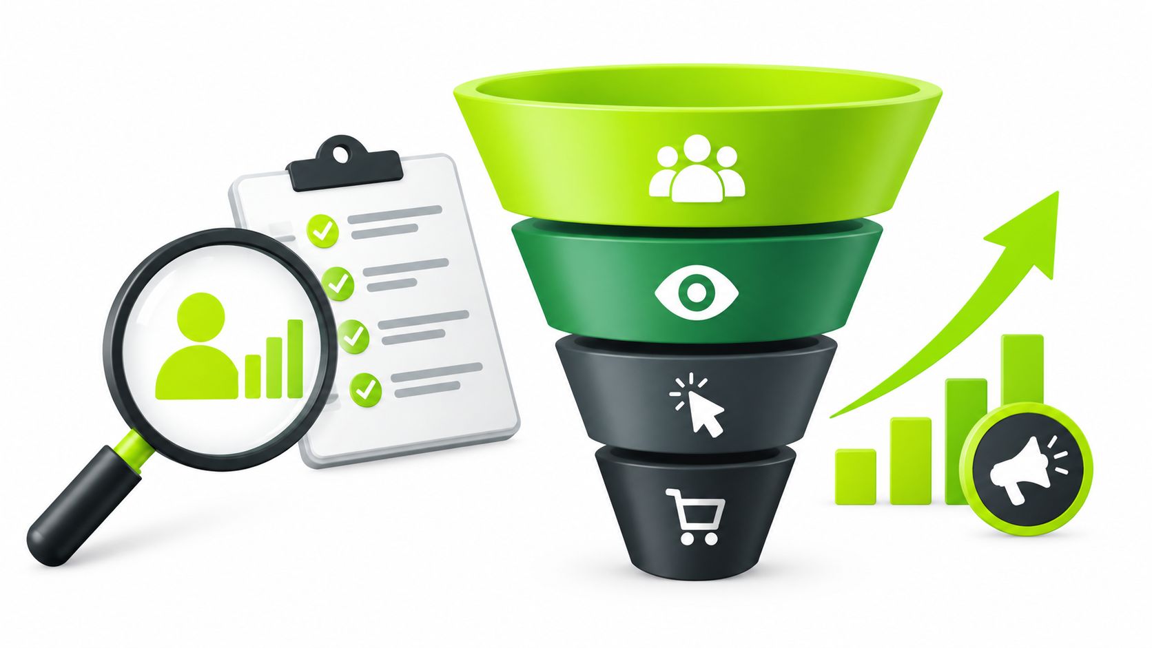 A 3D marketing funnel illustration with icons representing audience, interest, clicks, and shopping for conversion strategy.
