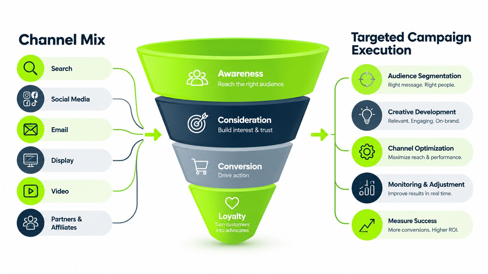 A marketing funnel diagram showing channel mix inputs, customer journey stages, and targeted campaign execution strategies.