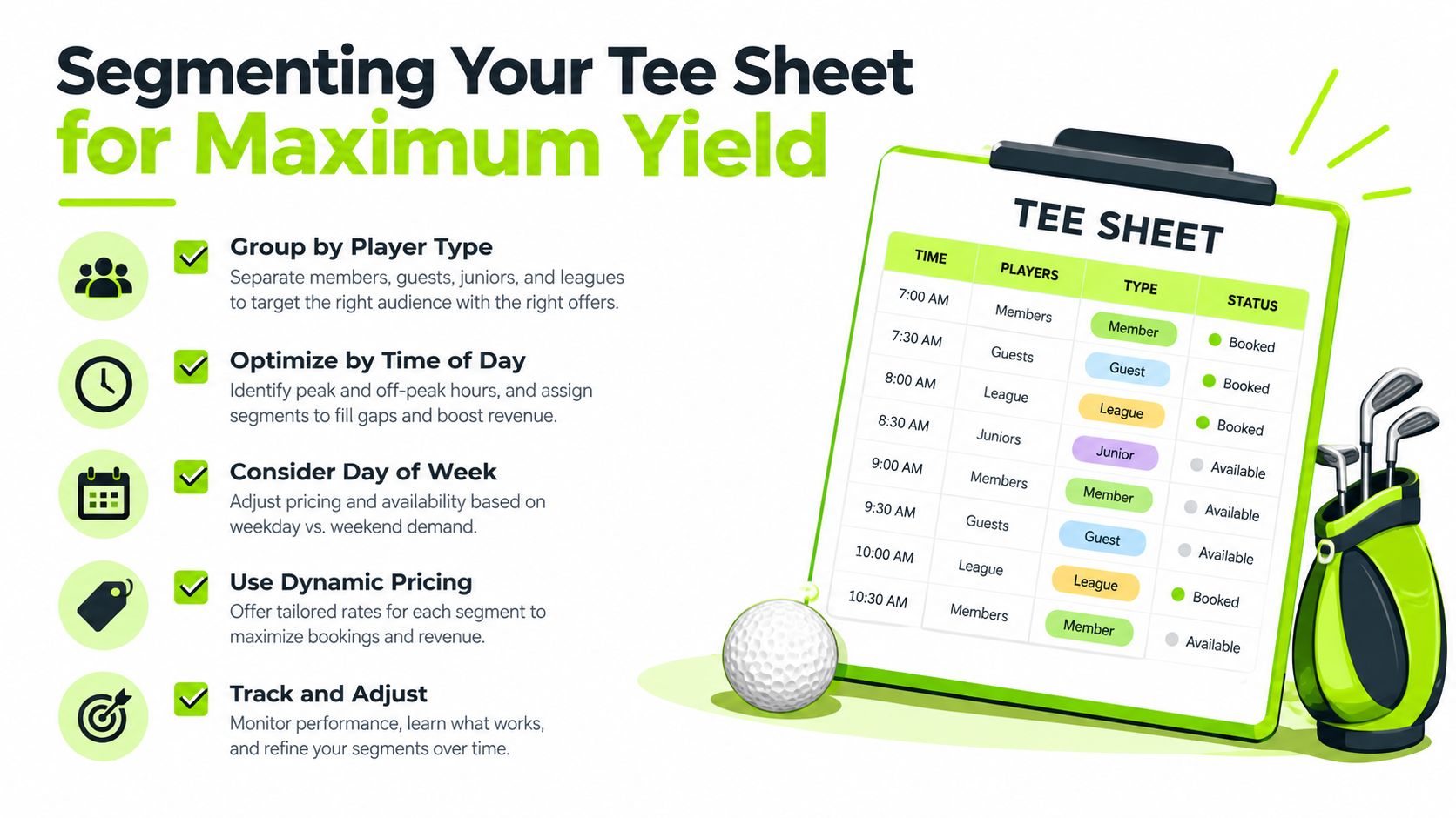 An infographic illustrating strategies for segmenting golf club tee sheets to maximize bookings and revenue.