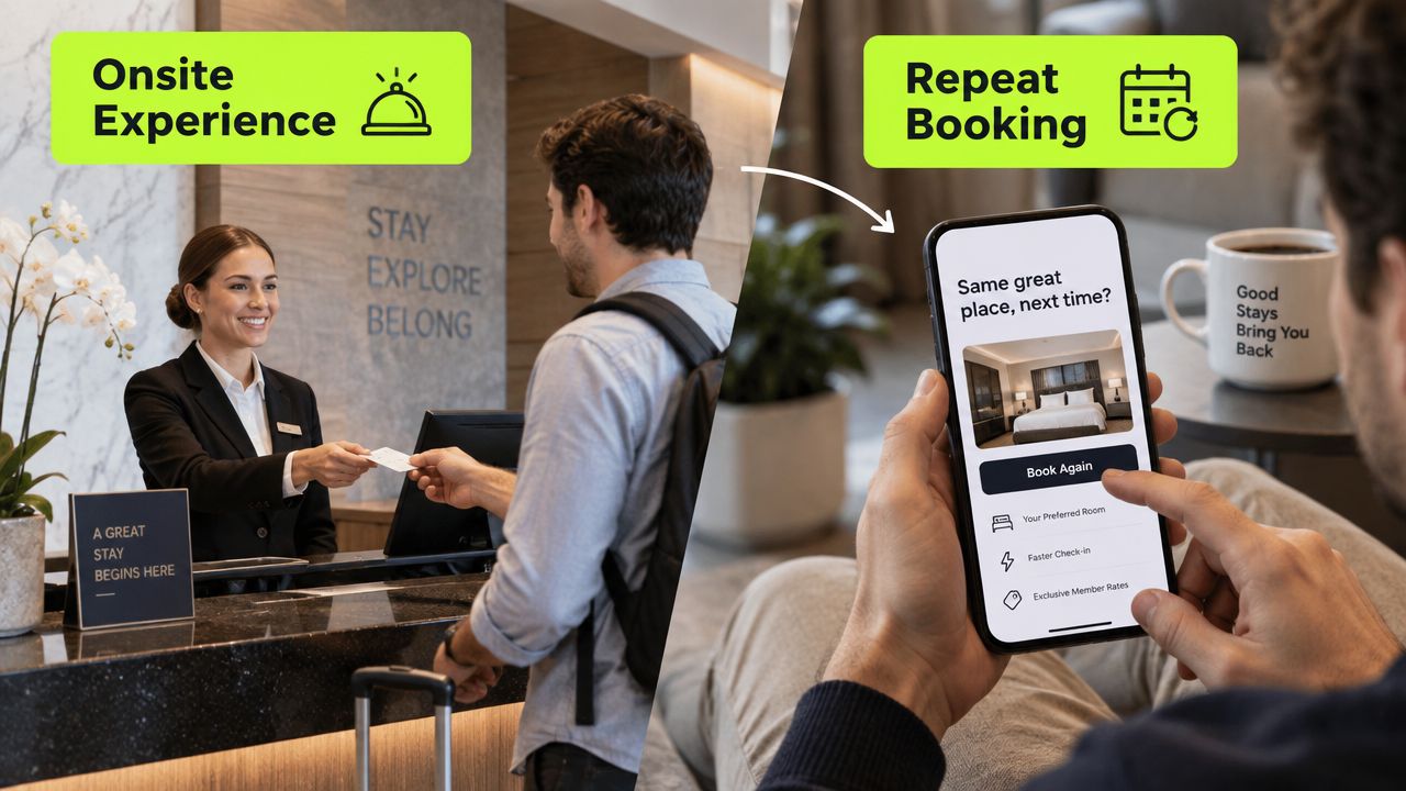 A split image contrasting an in-person hotel check-in experience with a convenient mobile app repeat booking process.