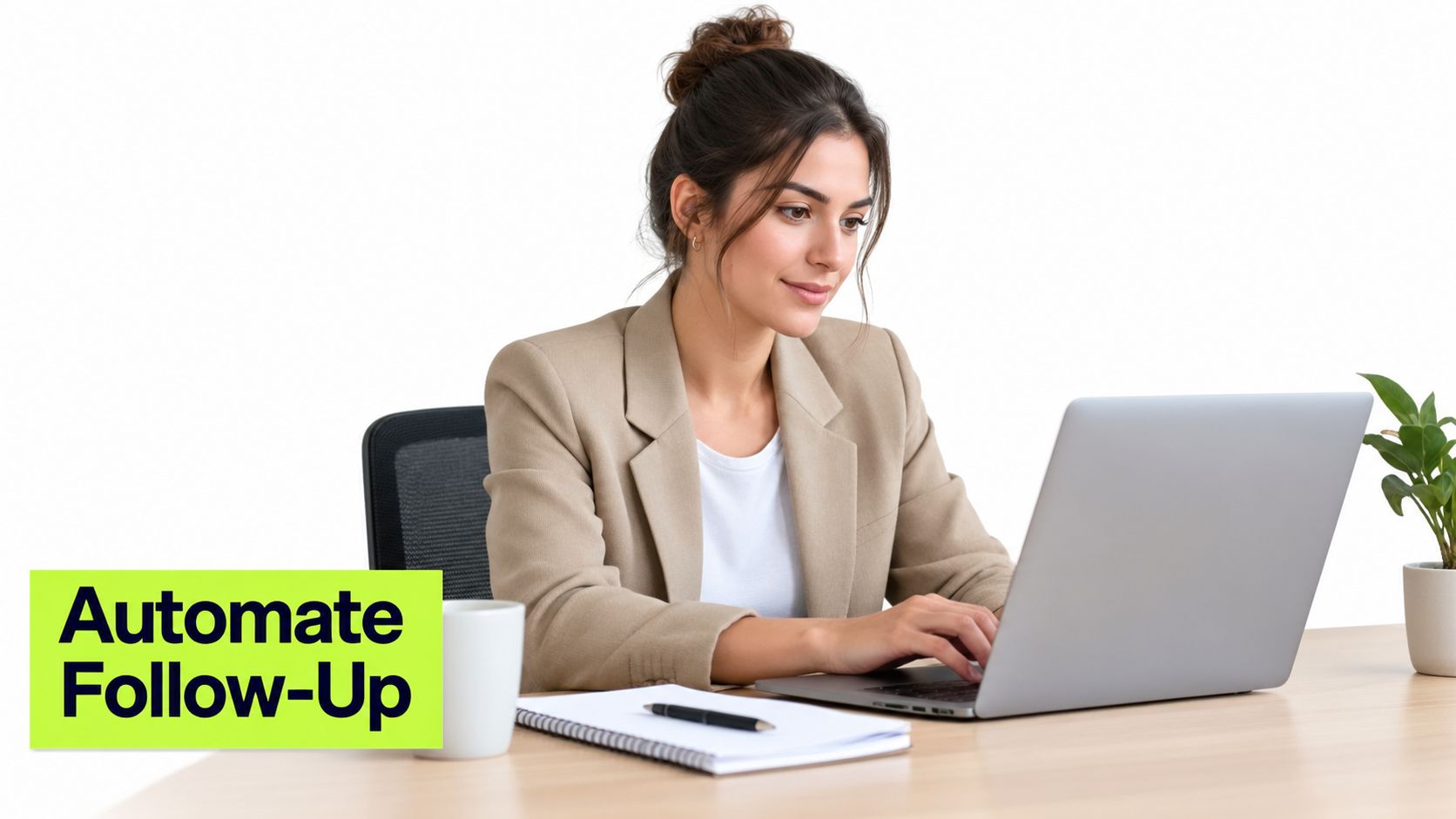 A professional woman in a beige blazer using a laptop with the text Automate Follow-Up overlaid.