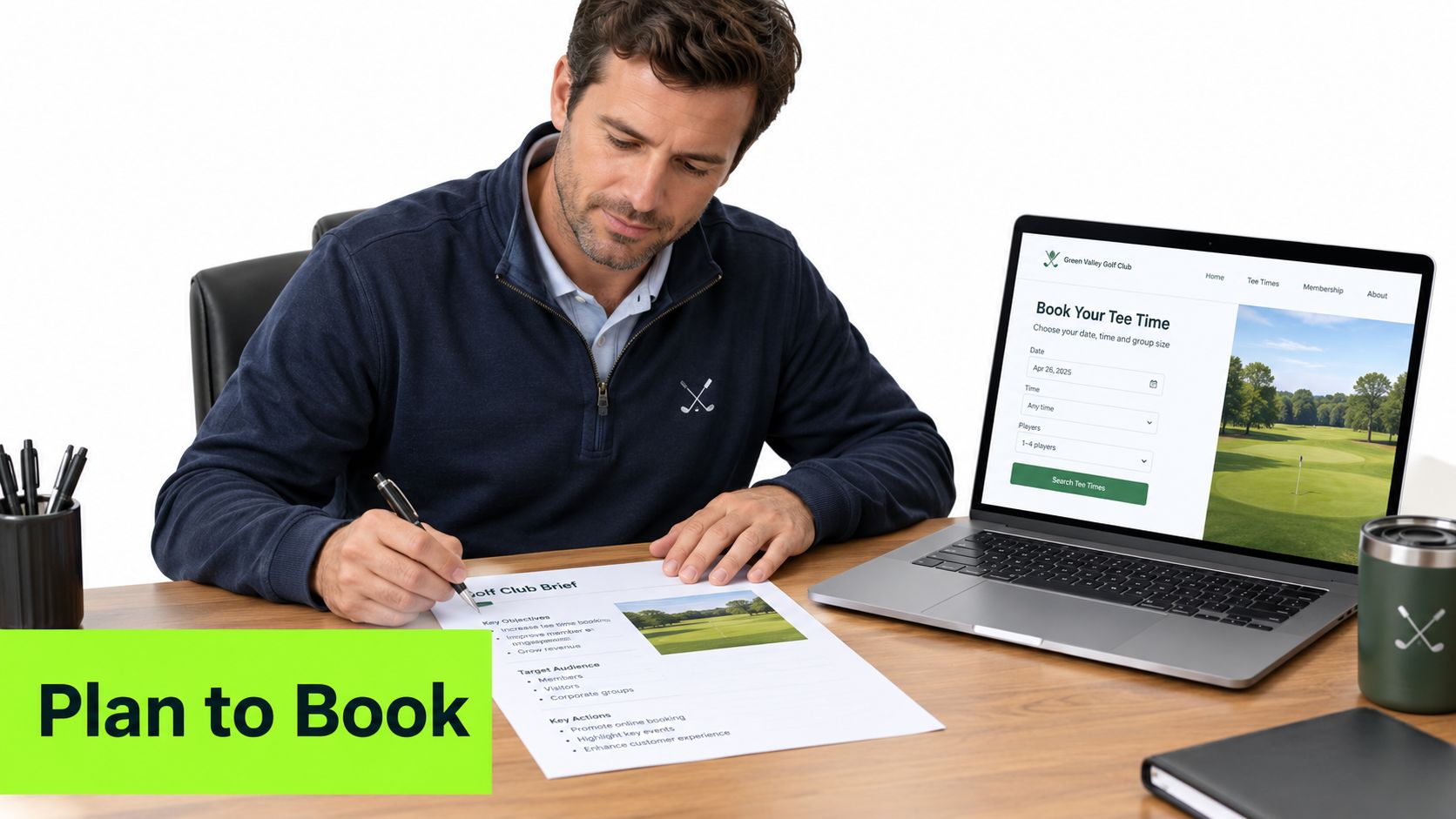 A man in a navy sweater sitting at a desk planning golf club marketing strategies using a laptop.