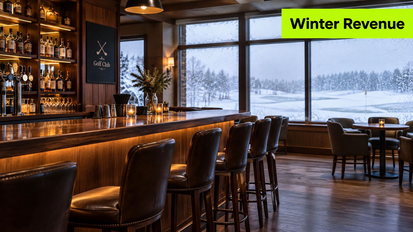 A warm, rustic bar interior featuring leather stools overlooking a snowy golf course during winter.