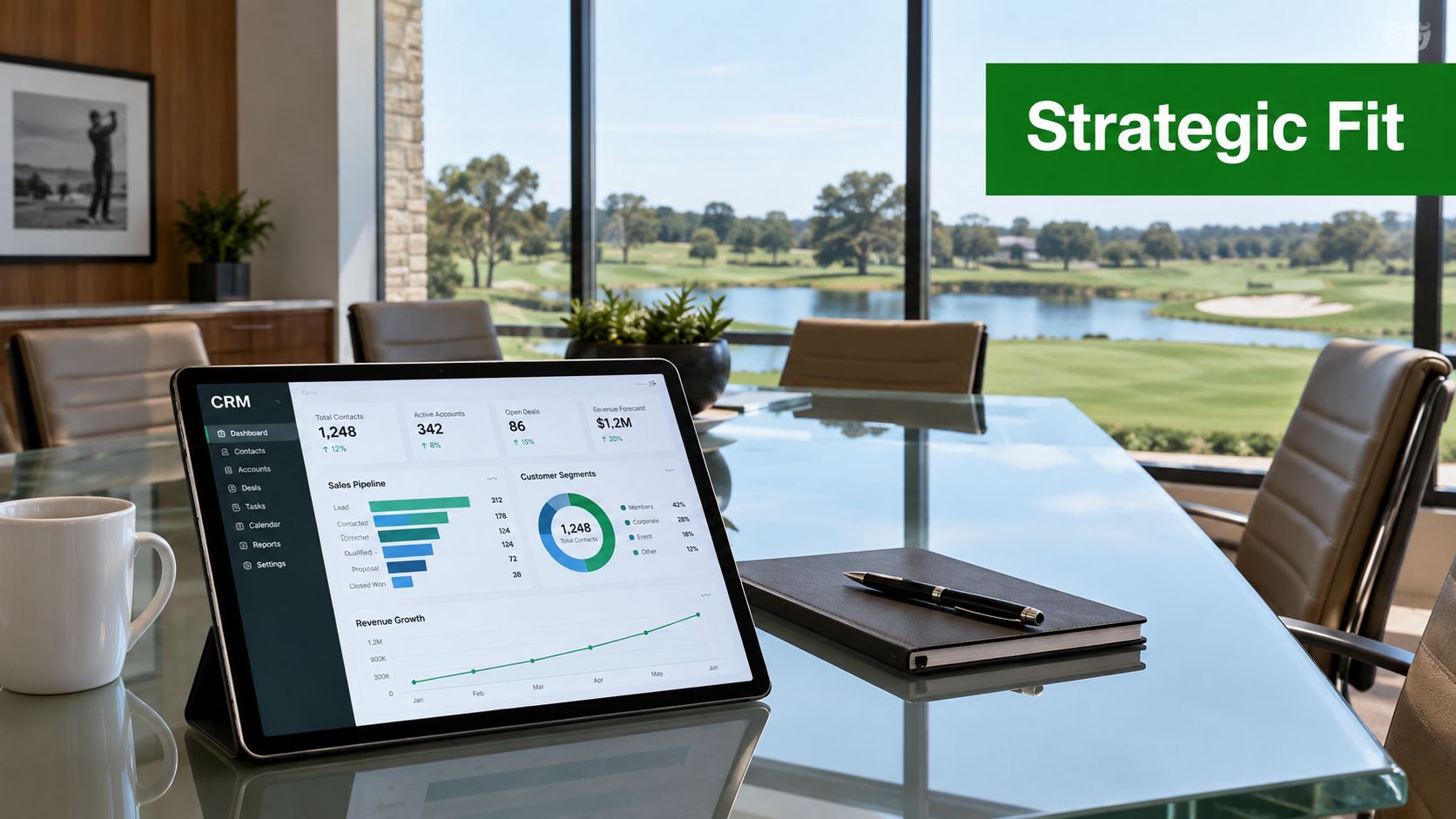 A digital tablet displaying a CRM dashboard sitting on a glass boardroom table overlooking a golf course.