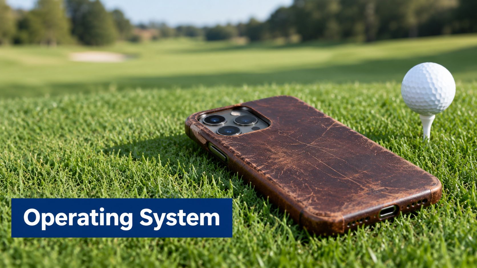 A leather-cased smartphone sitting on a golf course putting green next to a golf ball on a tee.