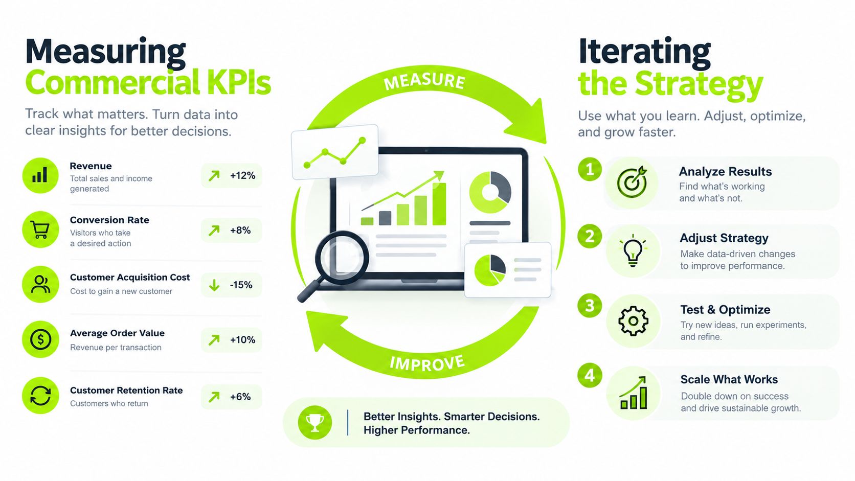 An infographic showing a cycle of measuring commercial KPIs and iterating business strategies for improved performance.