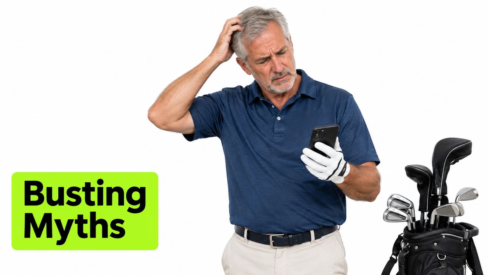 A confused senior male golfer looking at his smartphone while standing beside his golf club bag.