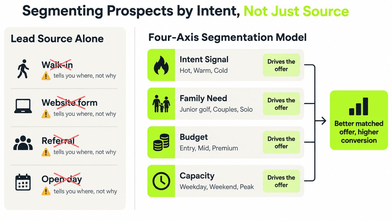 A diagram comparing lead source versus a four-axis segmentation model for effective golf club marketing.