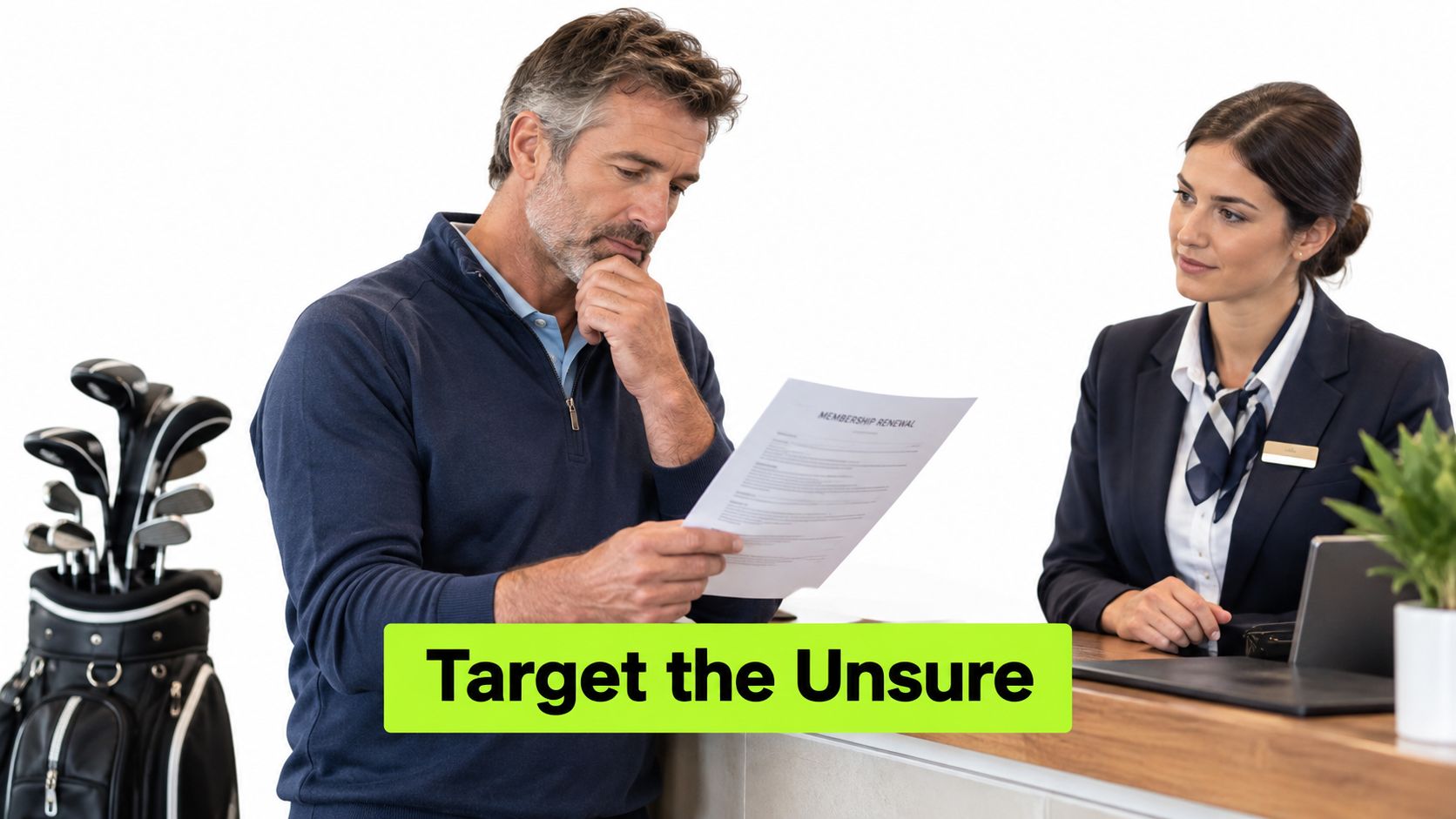 A man in a golf shirt contemplates a membership renewal document while a professional staff member observes.