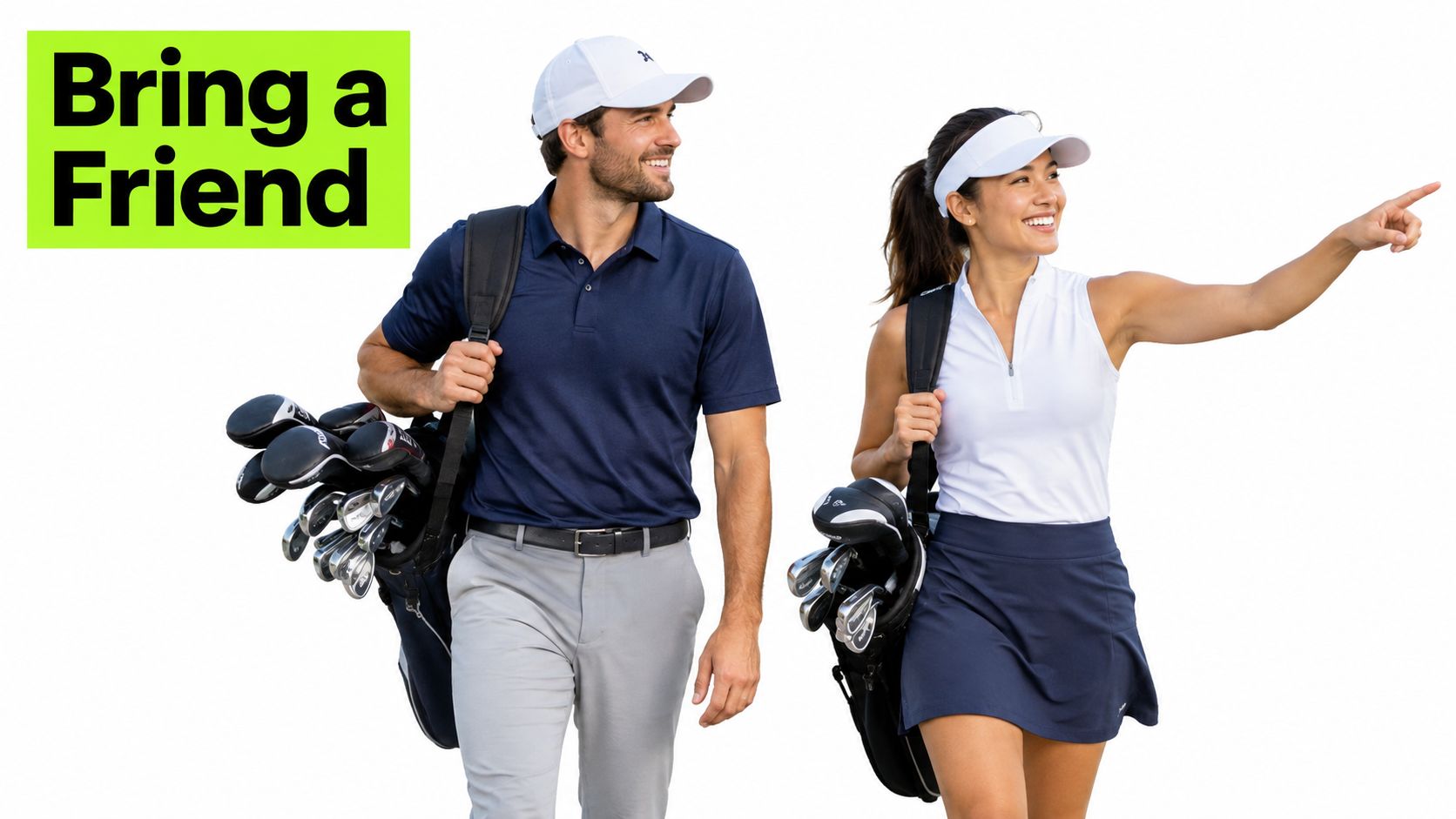 A man and a woman in golf attire walking with golf bags, pointing towards the distance.