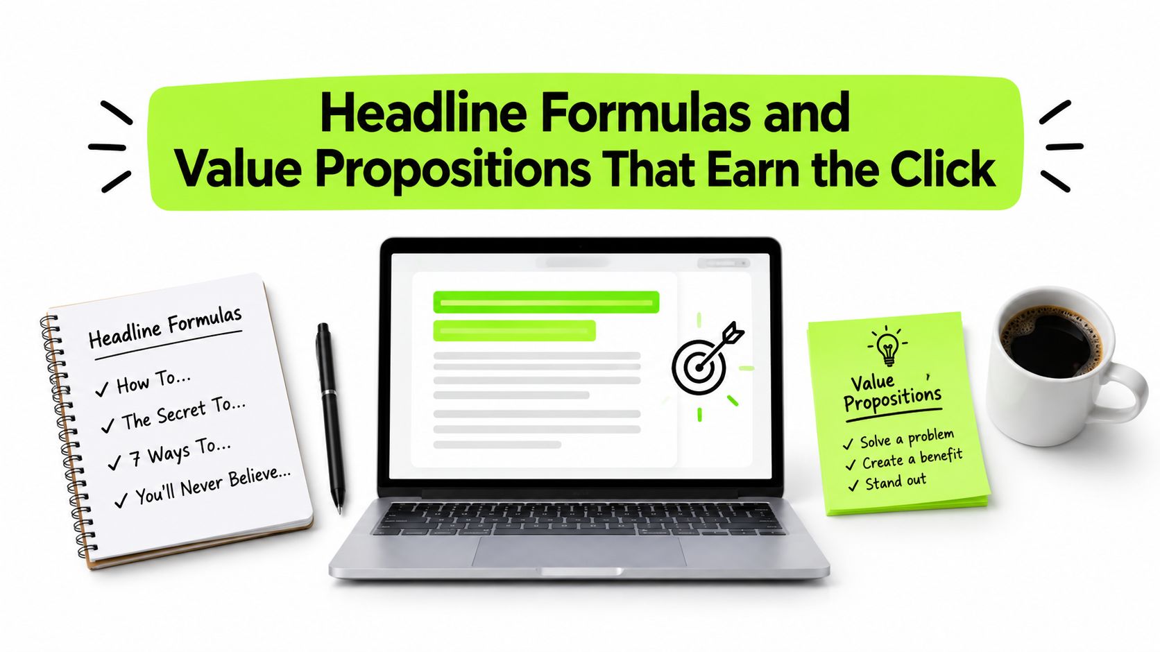 A digital workspace featuring a laptop, notebook with headline formulas, and a post-it with value propositions.