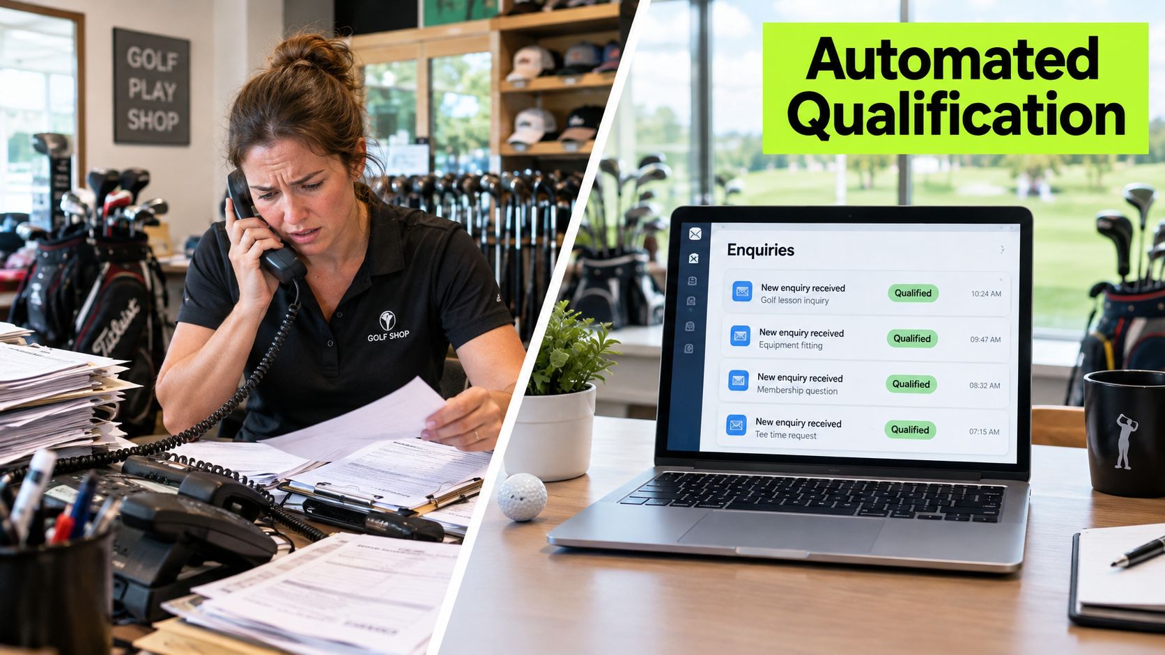 A split image showing a stressed worker on the phone versus automated lead qualification on a laptop.