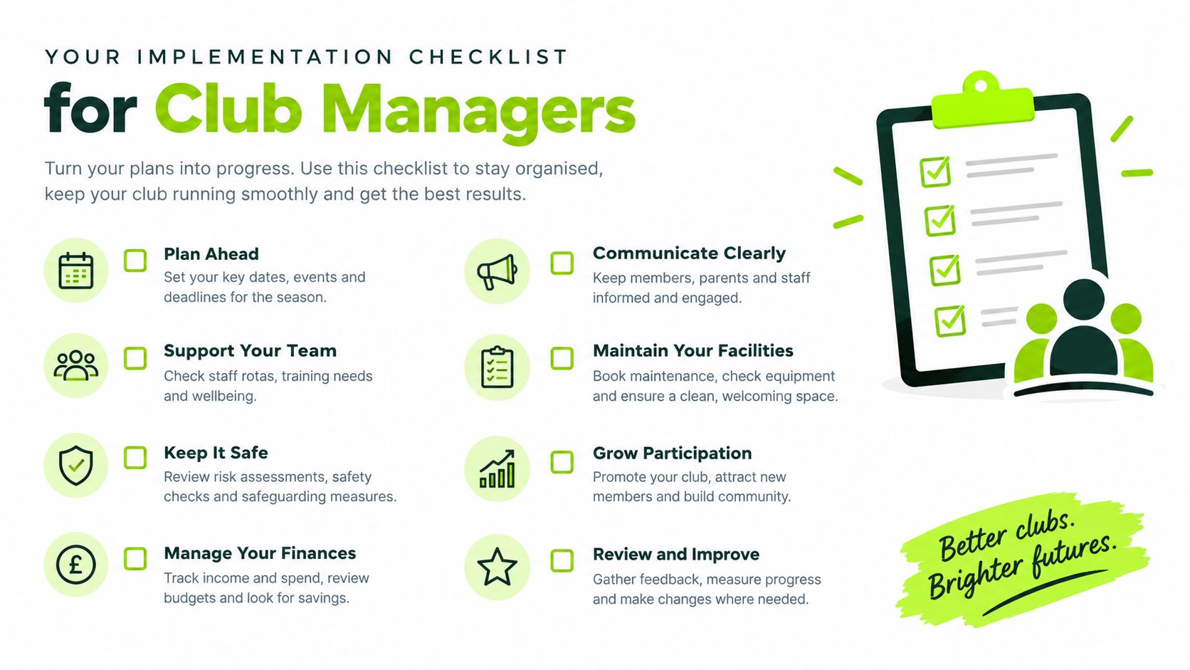An implementation checklist for club managers featuring eight actionable organizational and growth tasks for sports clubs.