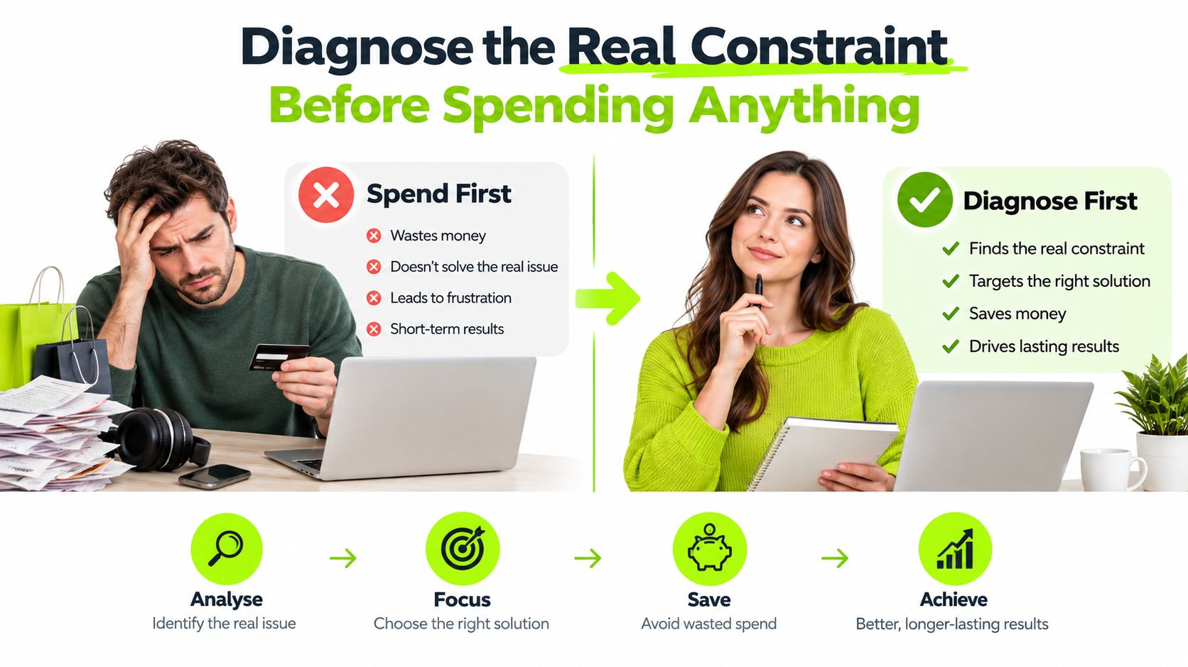 A comparison showing that diagnosing a constraint first leads to better results than spending money aimlessly.