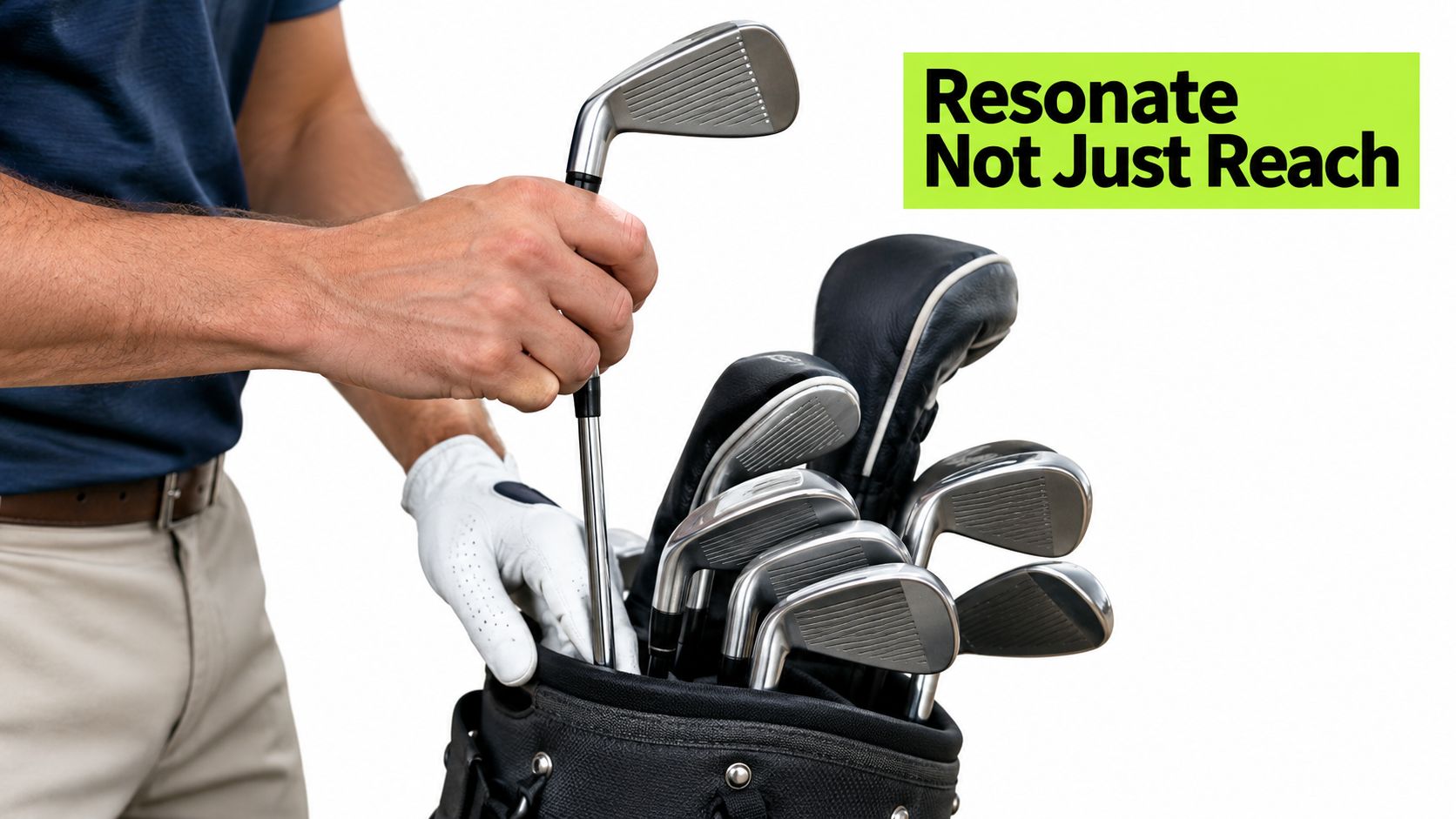 A golfer wearing a white glove selects a shiny metal iron golf club from a black bag.