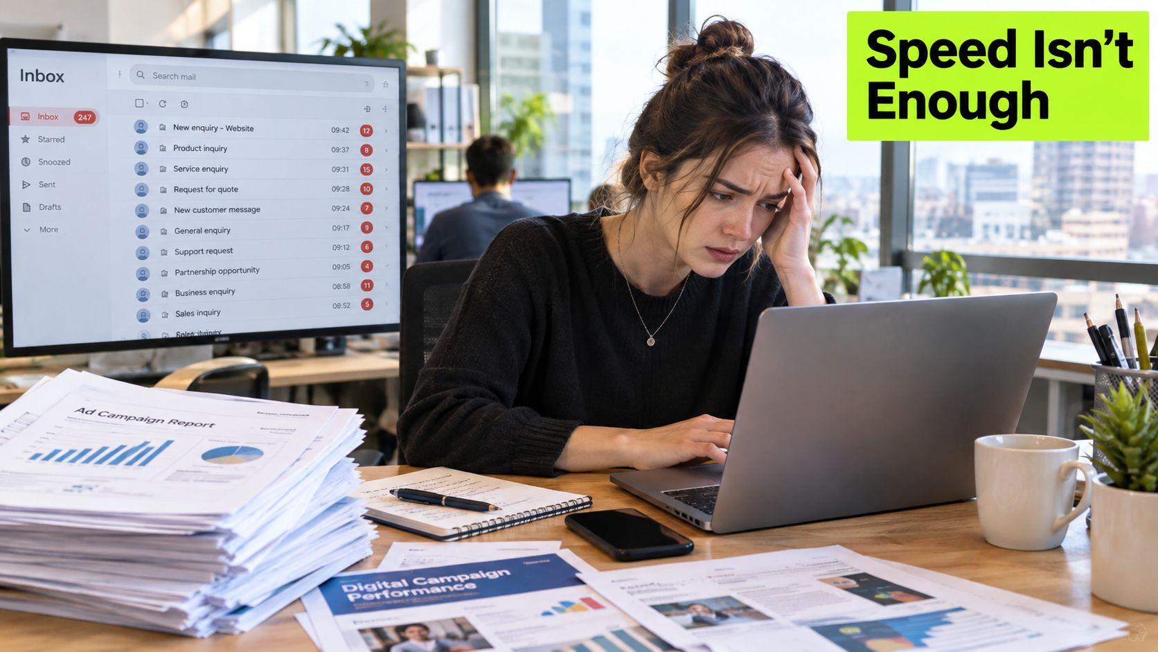 A stressed professional overwhelmed by numerous emails and reports while working on a laptop at her desk.