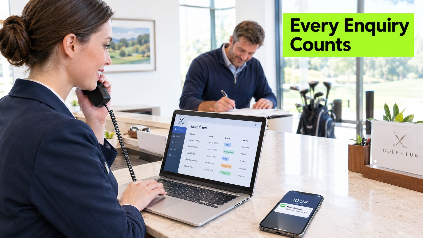 A receptionist managing customer enquiries at a golf club front desk while on the telephone.