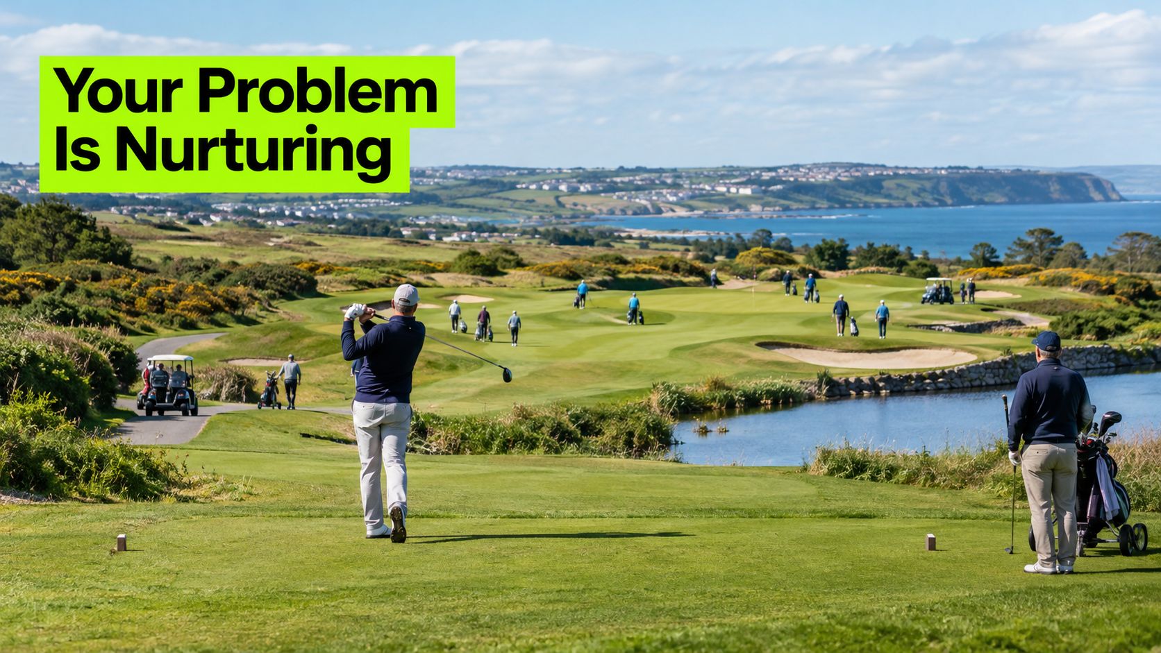 A professional golfer swings on a scenic coastal golf course, symbolizing strategy and focused business growth.