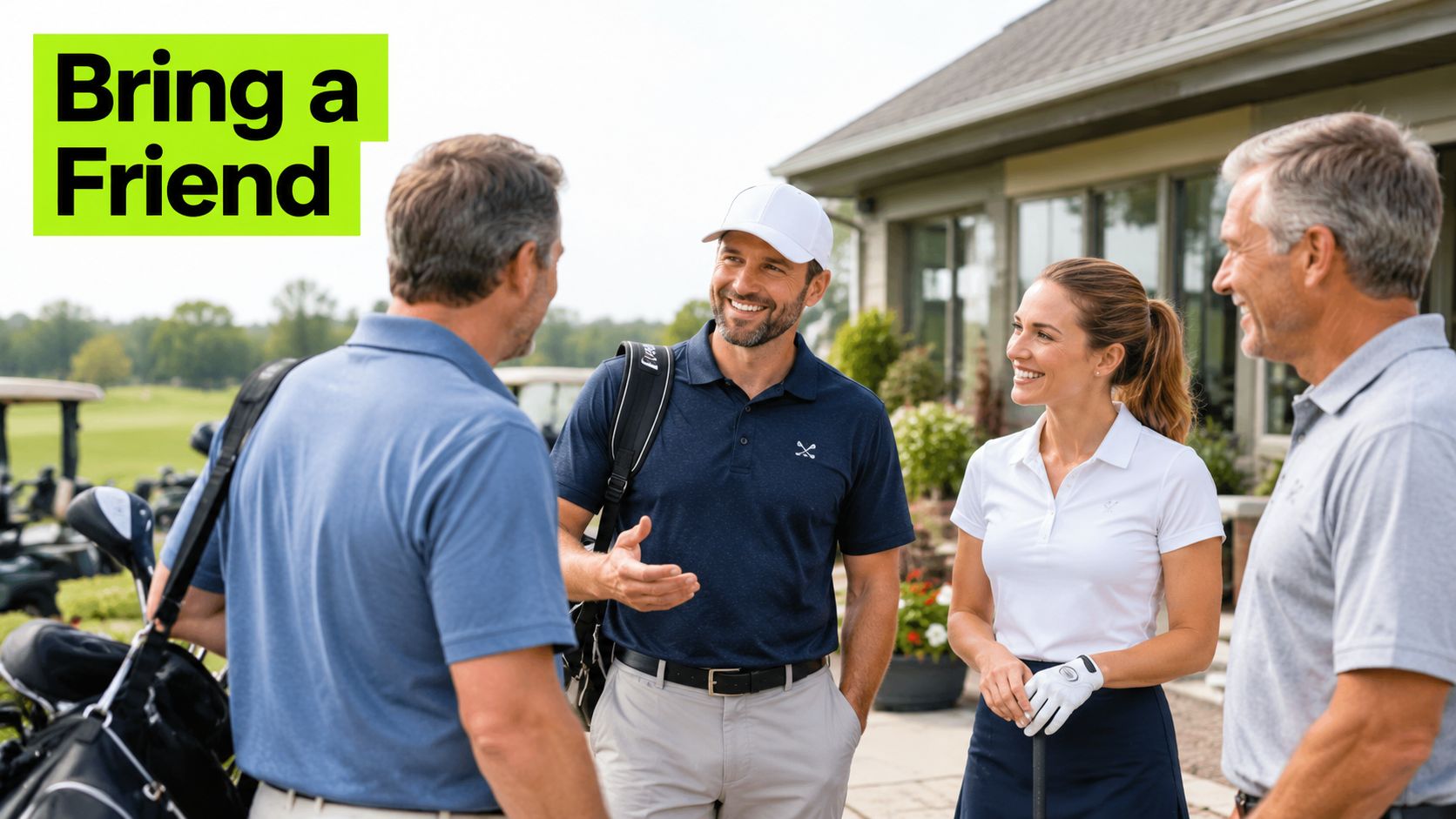 A group of happy friends socializing outdoors after a round of golf at a clubhouse.