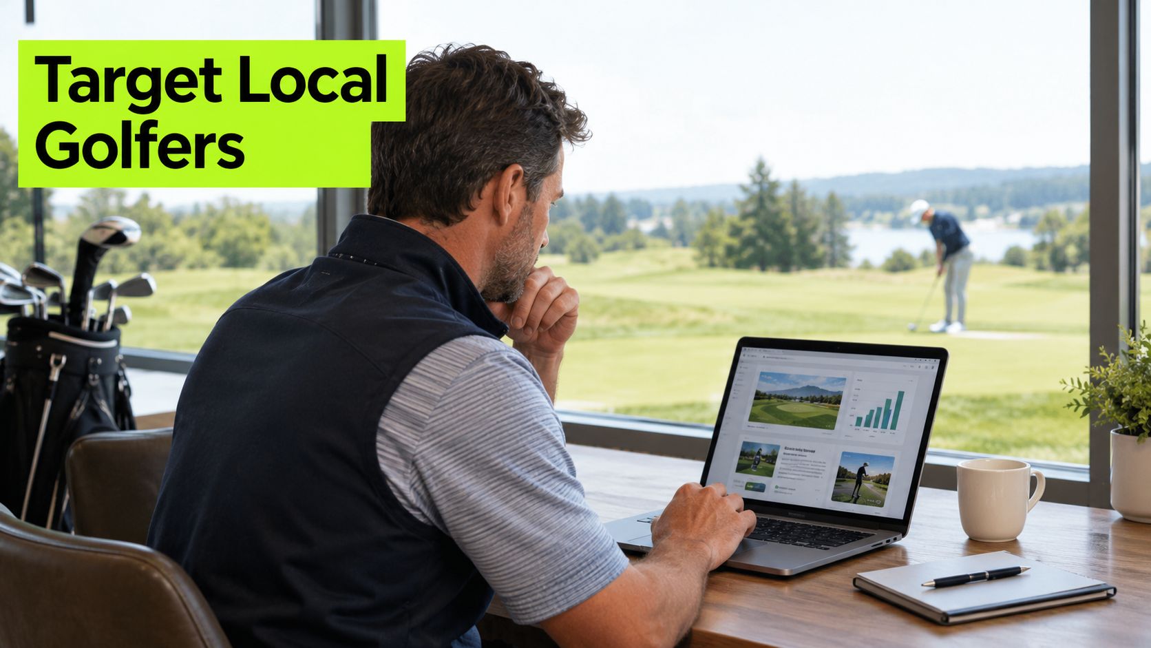 A professional golfer views marketing analytics on a laptop while overlooking a green course.