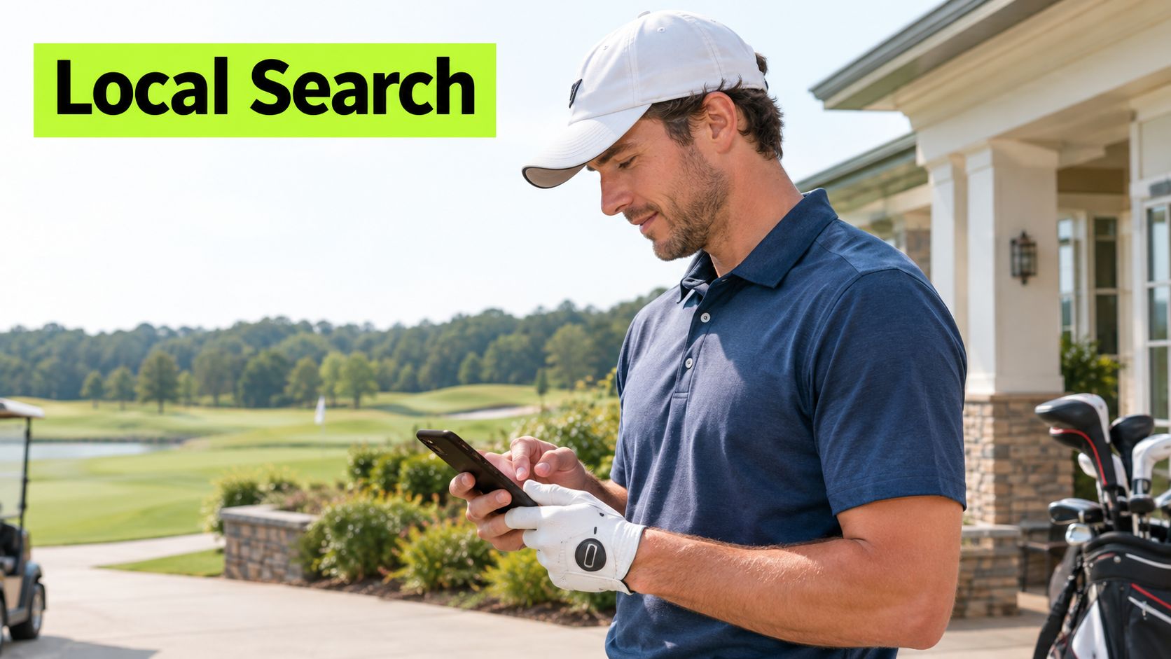 A golfer using his smartphone to search for local golf courses while standing on the course.