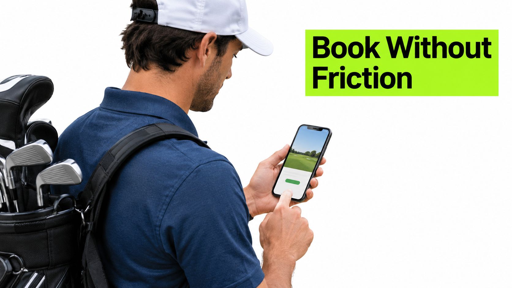 A golfer using a smartphone to book a tee time, highlighting frictionless mobile booking technology.