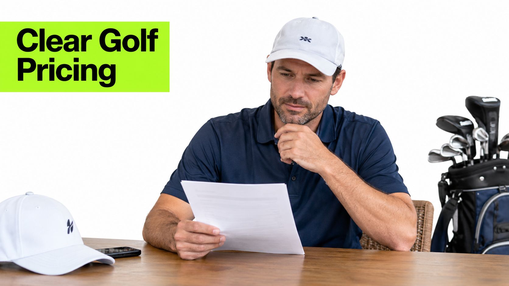 A golfer wearing a white cap holds a document while considering clear golf pricing options at a table.
