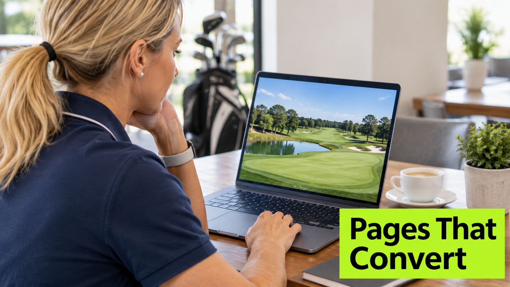 A woman working on a laptop at a wooden table with golf course imagery on screen.