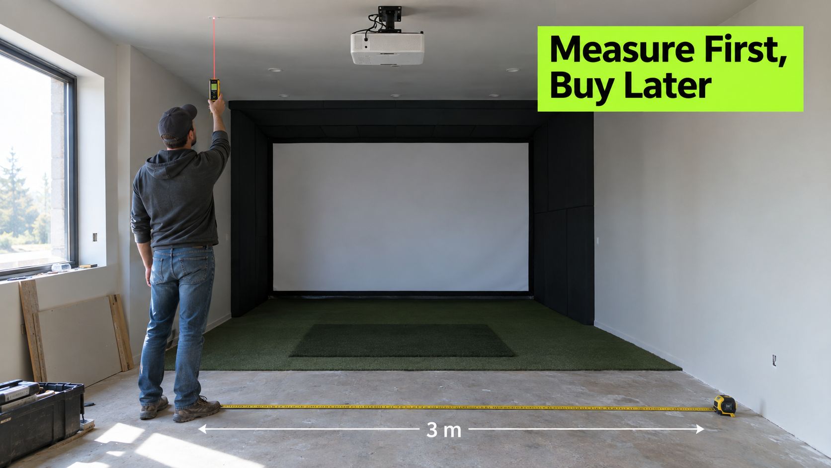 A man measuring a room for a home golf simulator setup using laser and tape measures.
