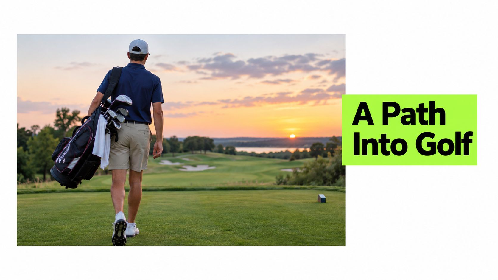 A golfer carrying a bag walks along a lush green golf course during a vibrant sunset.