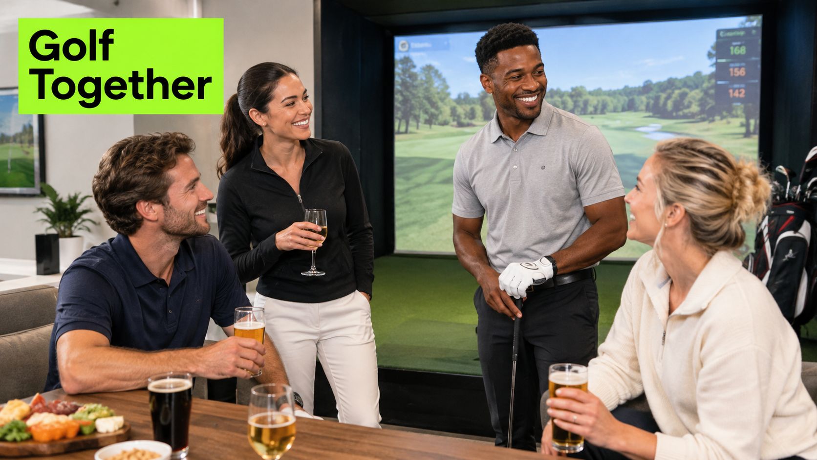 A group of friends laughing and drinking while socializing in an indoor golf simulator lounge.