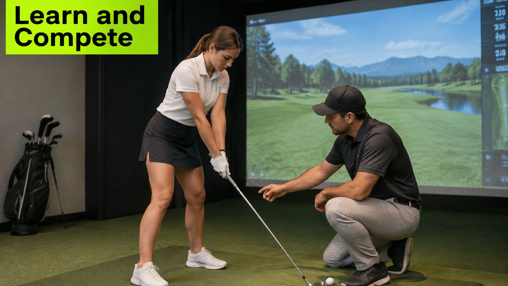 A professional golf instructor coaches a woman on her golf swing in an indoor simulation studio.