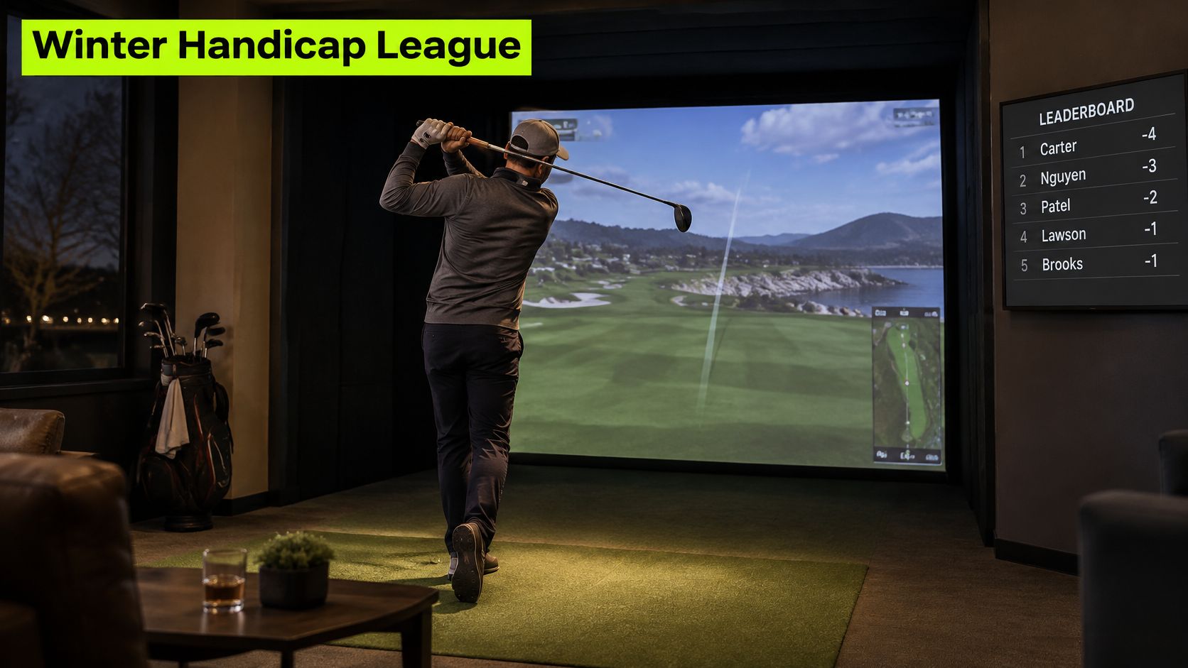 A golfer swinging a club in a modern indoor golf simulator facility with a live digital leaderboard.