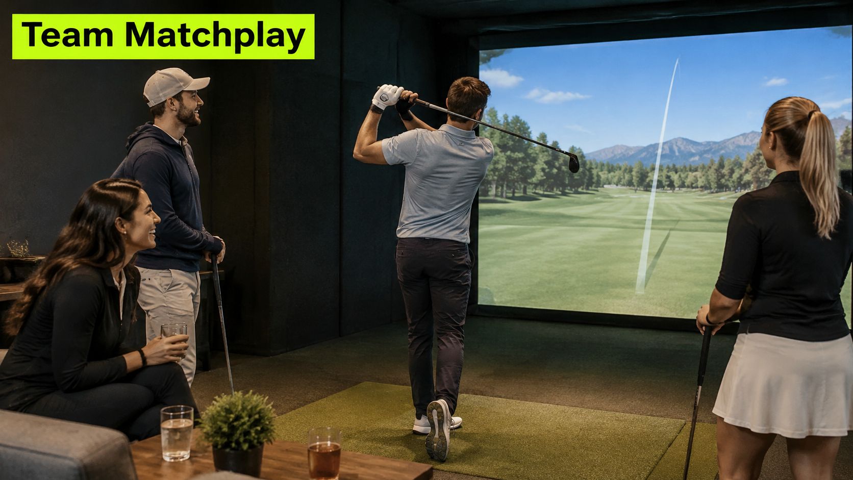 A group of friends playing virtual golf in an indoor facility on a large digital screen.