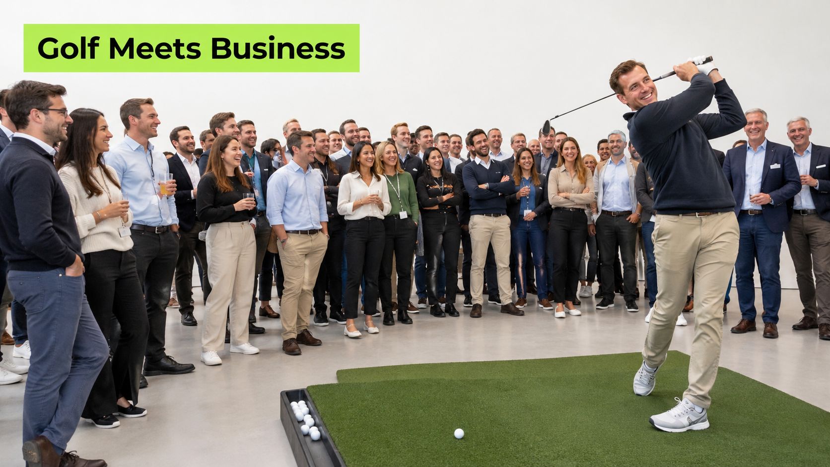 A professional man demonstrating a golf swing to a large group of business colleagues in an office.