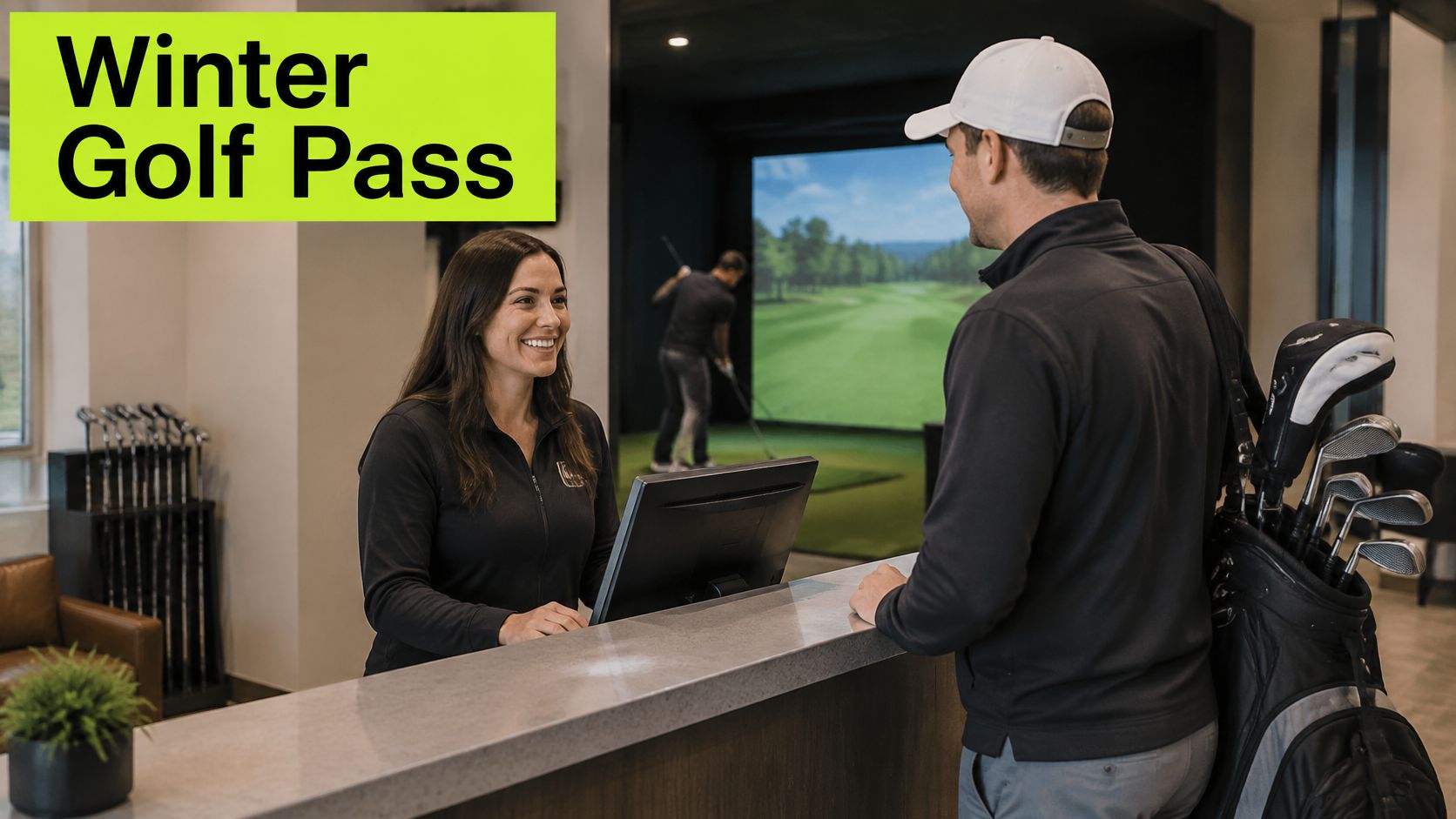 A smiling staff member at a front desk assists a male customer holding a bag of golf clubs.