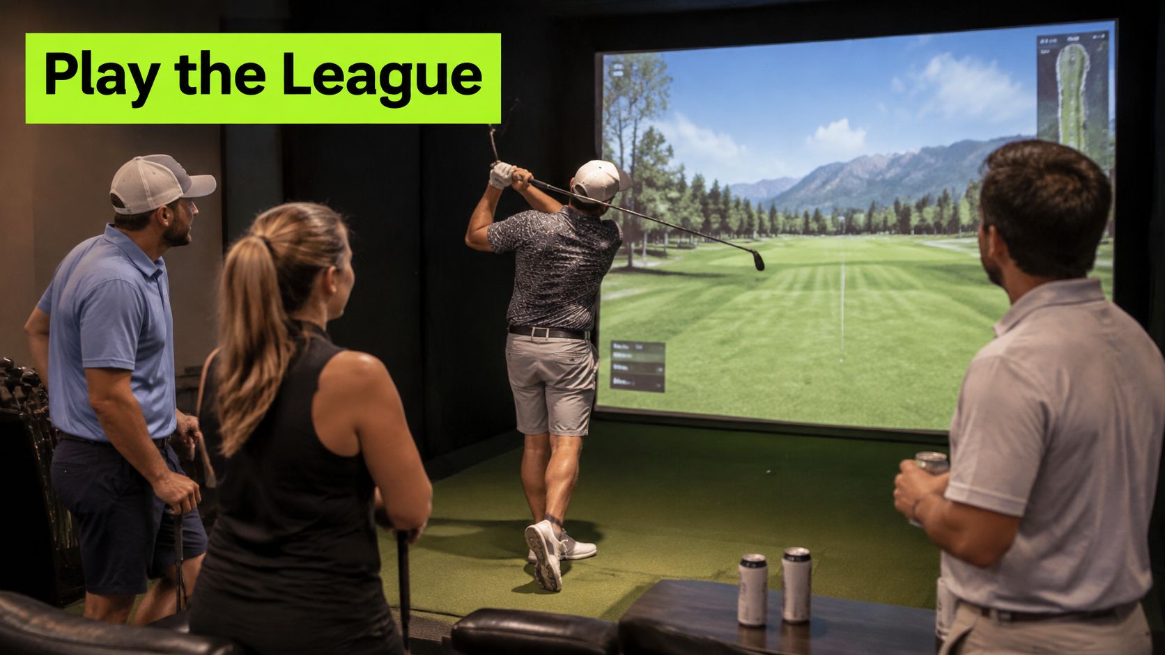 A group of friends playing virtual golf in an indoor simulator facility during a winter social outing.
