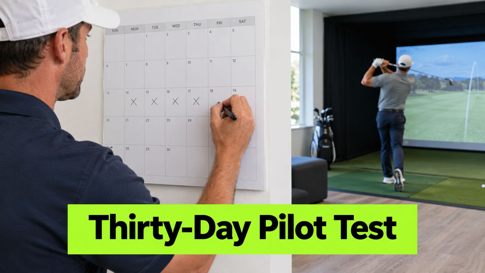 A man marks a calendar while a golf simulator appears in the background for marketing purposes.