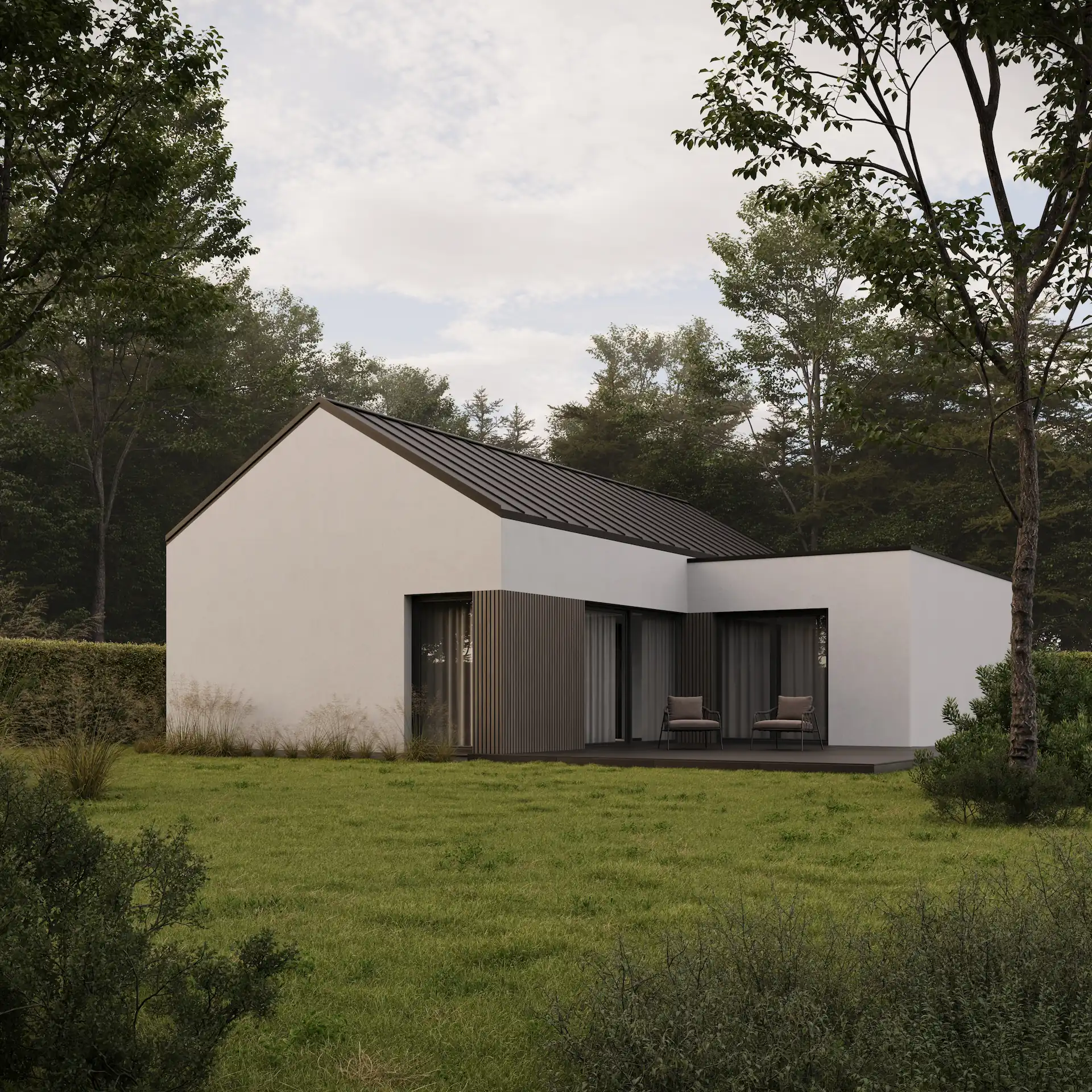 Visualization of modern single-story white house with dark sloped roof and patio chairs, surrounded by green lawn and trees.